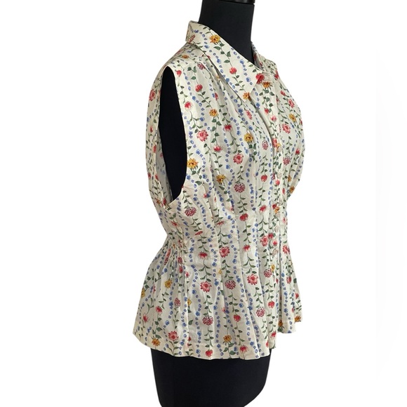 &merci Sleeveless Cream Floral Button-Front Blouse  Sz L Pleated Peplum Waist - Picture 6 of 13